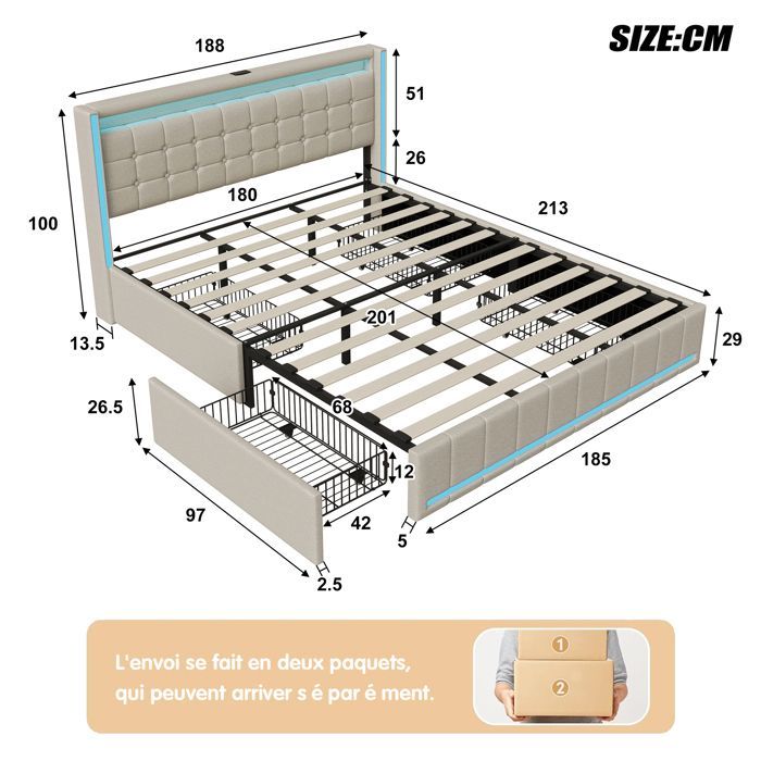 Cama doble de 180 x 200 cm, cama individual de 180 x 200 cm con 4 cajones, puerto USB e iluminación LED, estructura de cama con cabecero, tejido de lino, color beige.