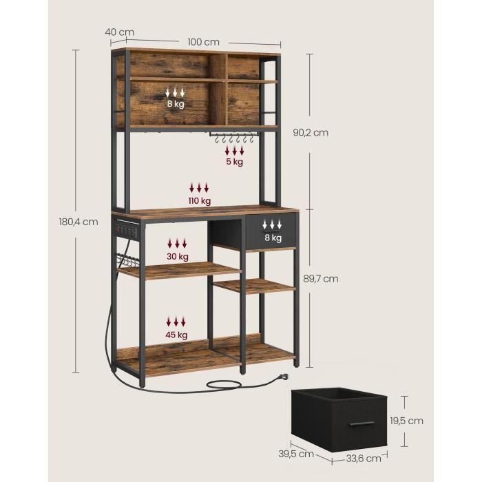 Carrito de cocina - VASAGLE - Estantería de cocina con regleta - Estantes ajustables, Marrón rústico y Negro tinta