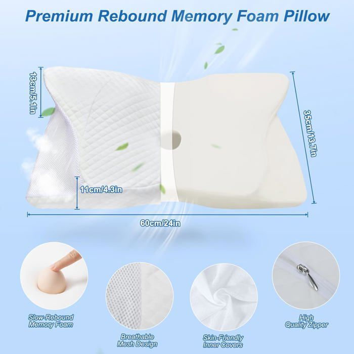 Oreillers à Mémoire de Forme,Ergonomiques pour Nuque,Oreiller Orthopédique Anti Douleur, 60 x 35 x 13 cm,Blanc