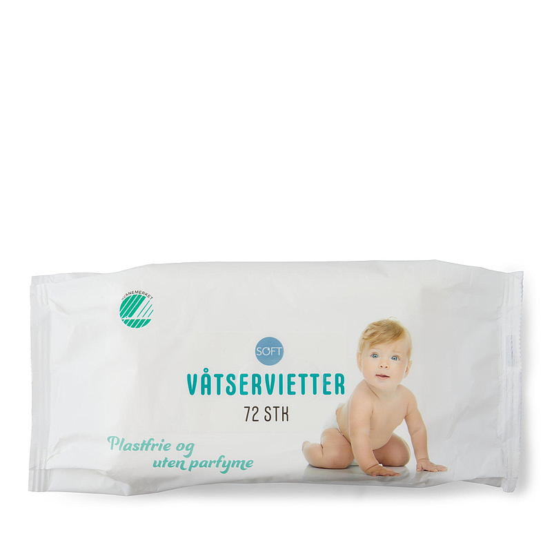 Toallitas húmedas suaves, 72 unidades, sin plástico, sin perfume, con etiqueta ecológica nórdica.