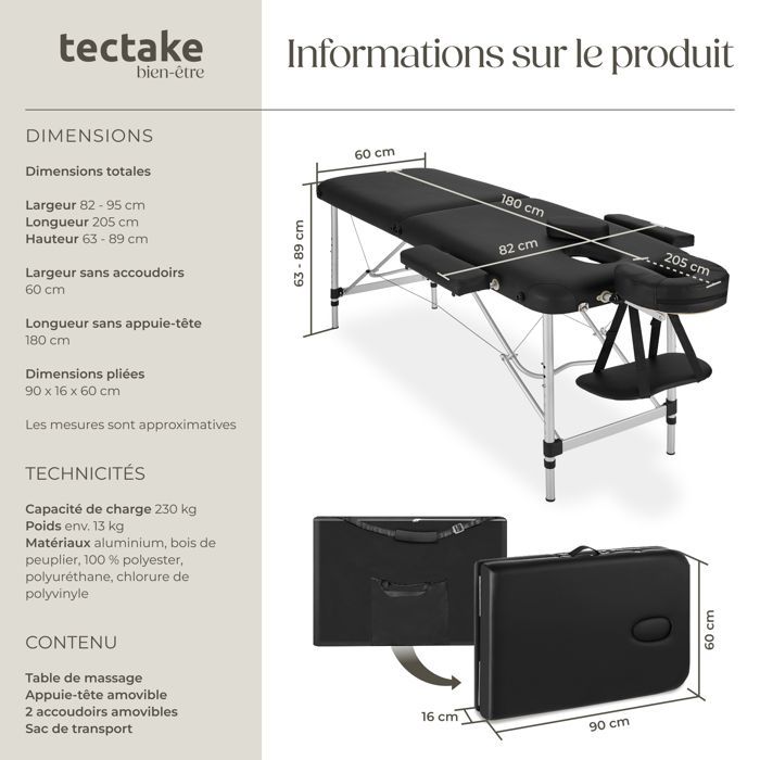 Camilla de tratamiento - TECTAKE - Camilla de masaje plegable portátil de 2 secciones con cubierta de aluminio resistente para una comodidad óptima - Negra