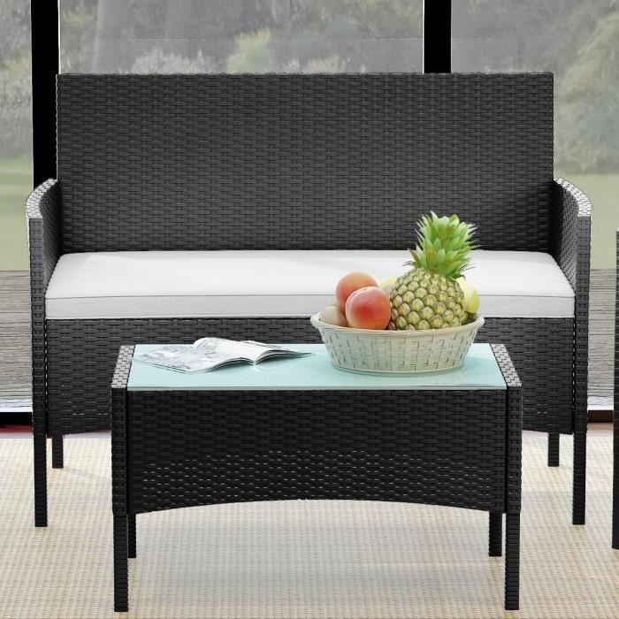 CONJUNTO DE MUEBLES DE JARDÍN - MESA, SILLA Y SILLÓN: Mesa de cristal + 3 sillas modernas de ratán sintético de PVC - Impermeable y duradera