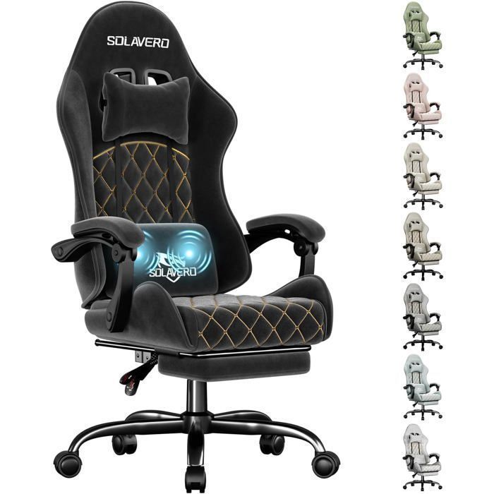 EcoFurnix Gaming en Tissu Suédine, Fauteuil Gamer Ergonomique avec Support Lombaire Massante, Siège de Bureau , Charge 150kg, Noir