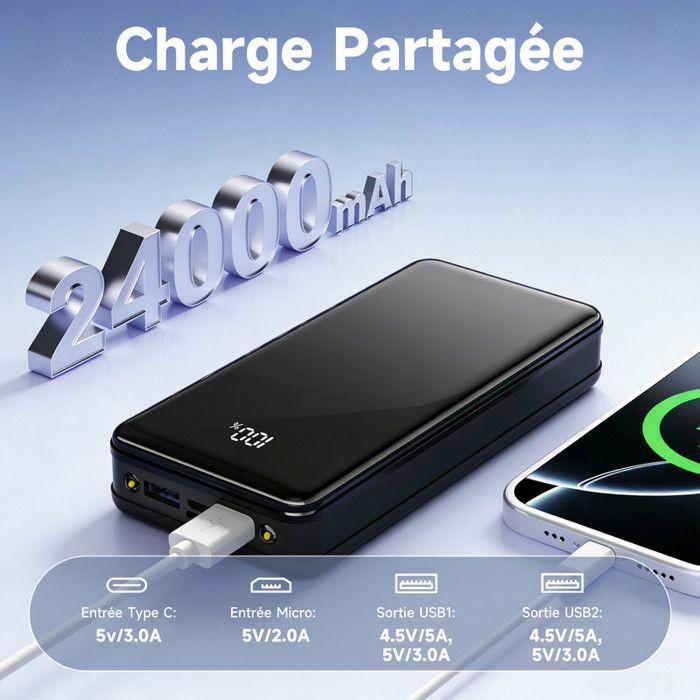 Bateria externa de 24000mAh, com 3 saídas/1 entrada, tela LCD e lanterna LED para smartphones.