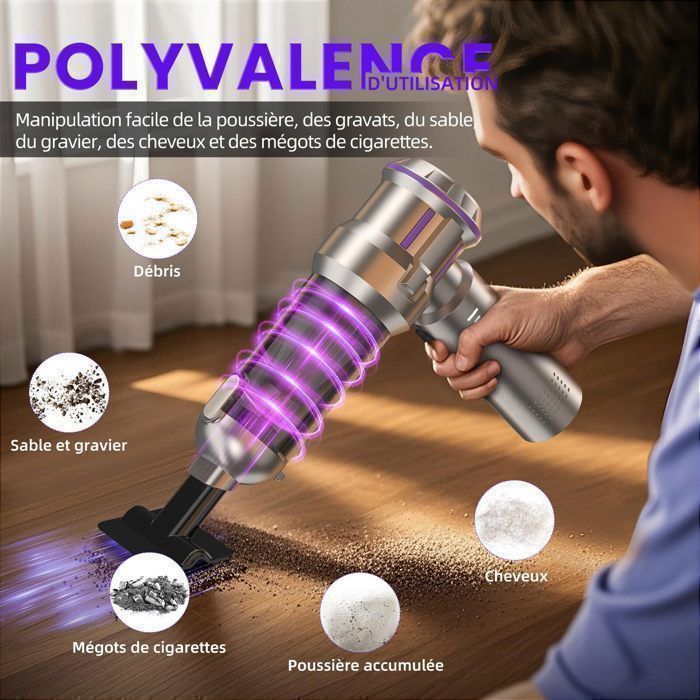 Aspirapolvere portatile, 22000 Pa, potente aspirapolvere senza fili 4 in 1 per auto, 3 velocità per casa, auto, ufficio, divano e peli di animali domestici