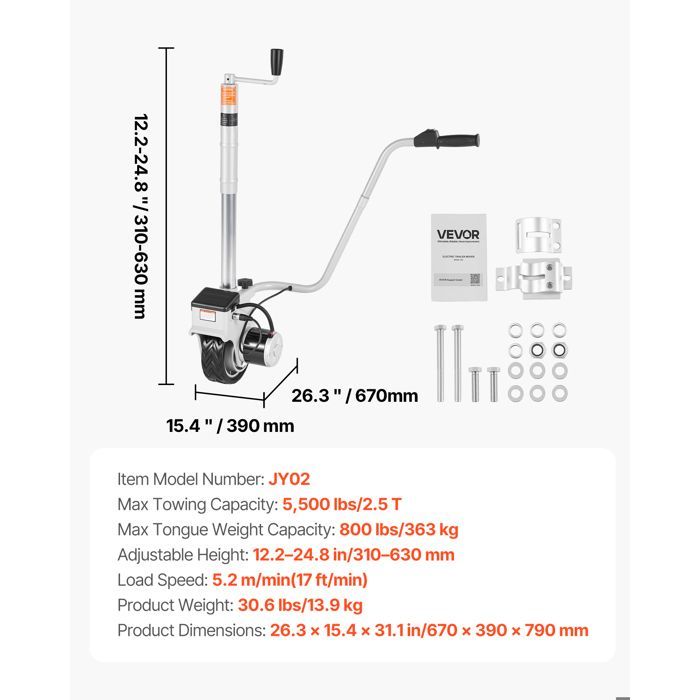 Remolque con rueda jockey eléctrica VEVOR - Motorizado 2,5 t - 380 W 12 V - Velocidad de desplazamiento 7 m/min