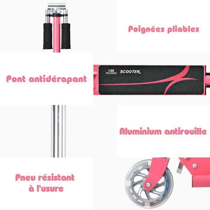 Patinete plegable COSTWAY para niños de 4 a 13 años - 2 ruedas de PU con luces LED intermitentes - 3 alturas ajustables - Capacidad de carga de 70 kg - Aluminio - Rosa