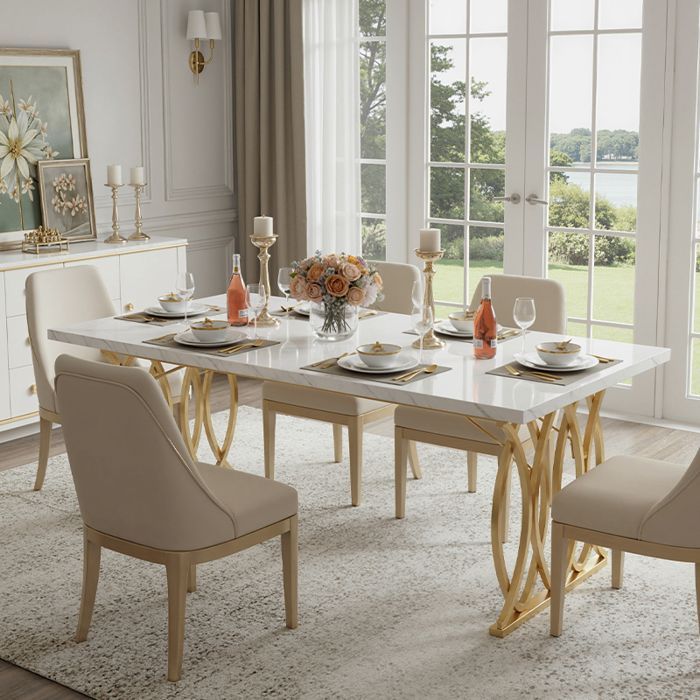 Mesa de comedor - 160 x 80 x 75 cm, chapa de mármol - Mesa de comedor, mesa de cocina rectangular, blanca