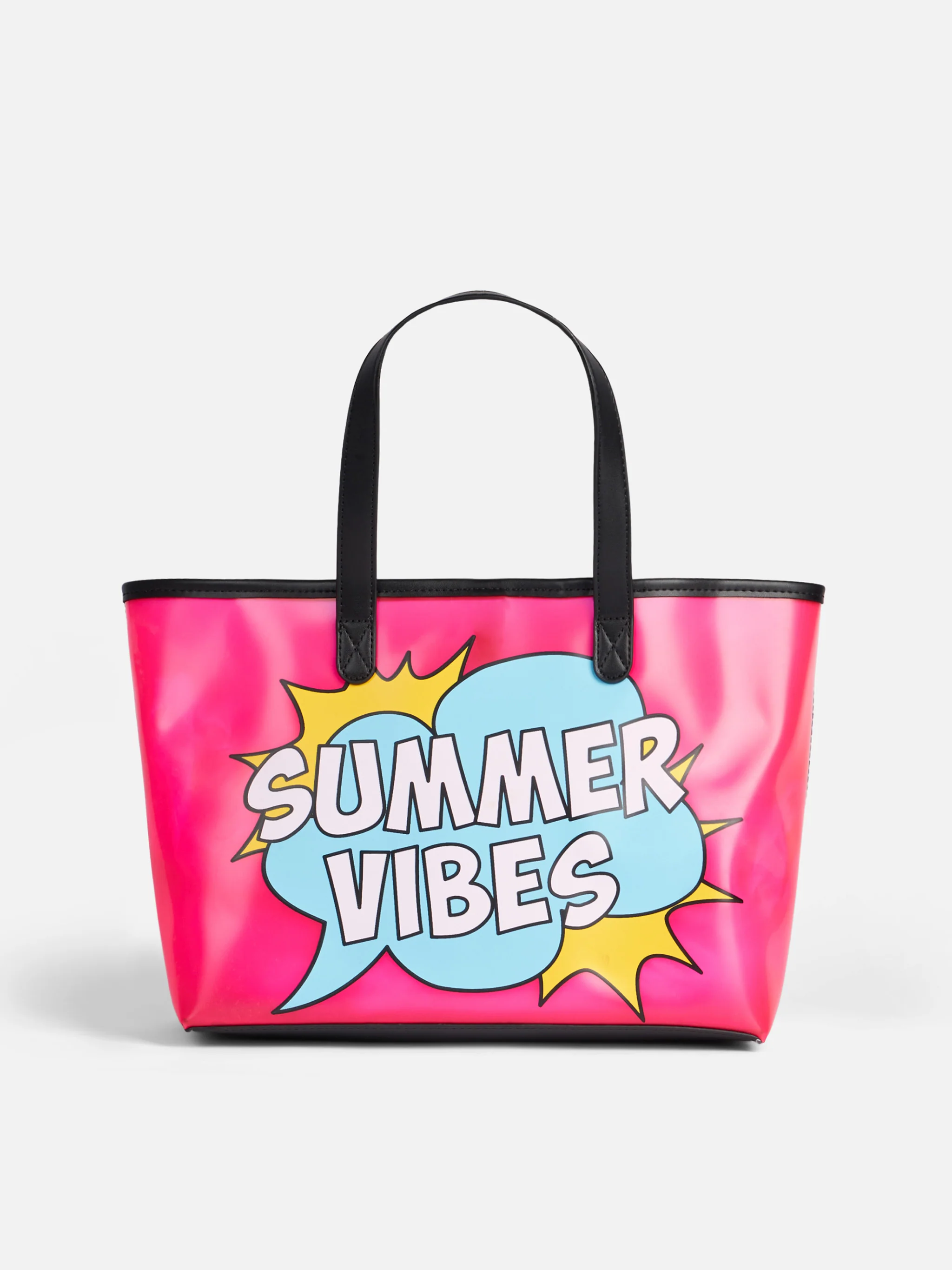 Roze transparante PVC strandtas met Summer Vibes-print.