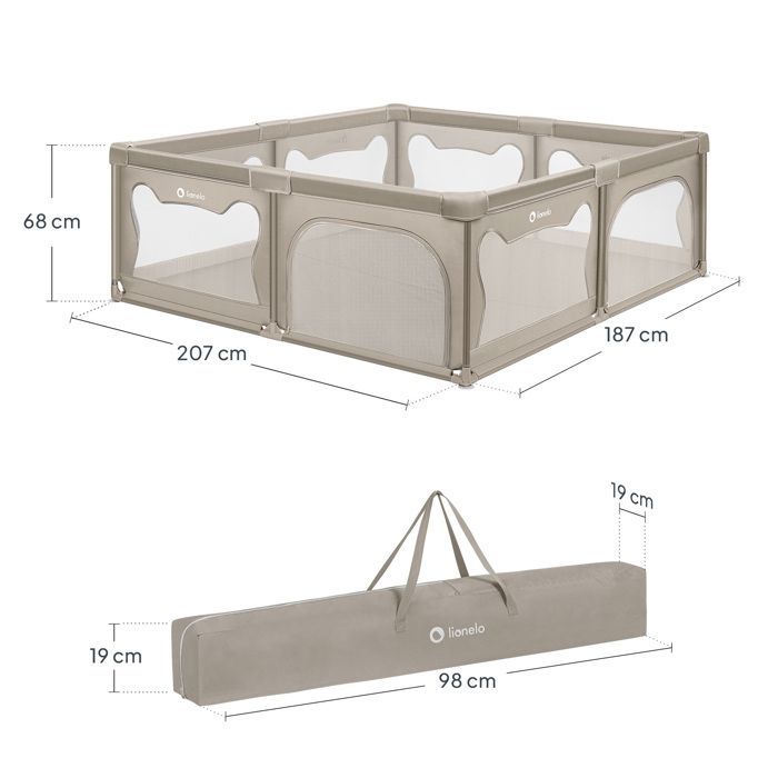 Parque infantil LIONELO Willow XL - 207 x 187 cm - Laterales de malla - Amplia y segura zona de juego - Rejilla protectora - Beige