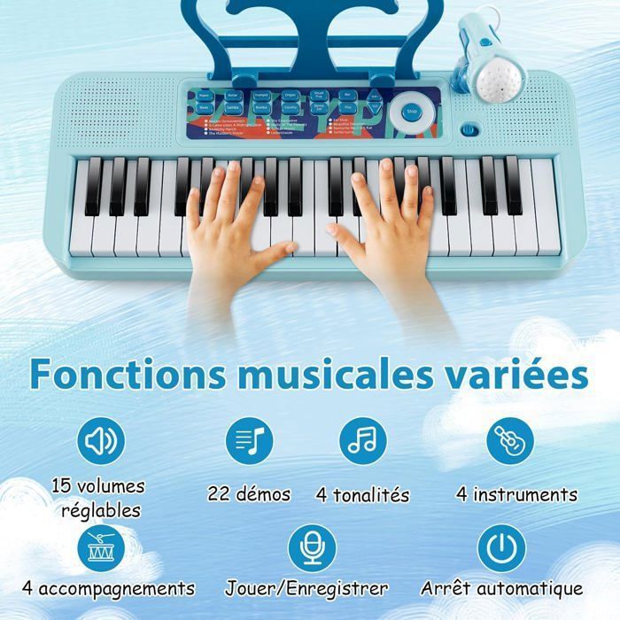 Pianoforte elettronico COSTWAY per bambini dai 3 anni in su, 37 tasti, con sgabello, microfono regolabile e leggio rimovibile, blu.
