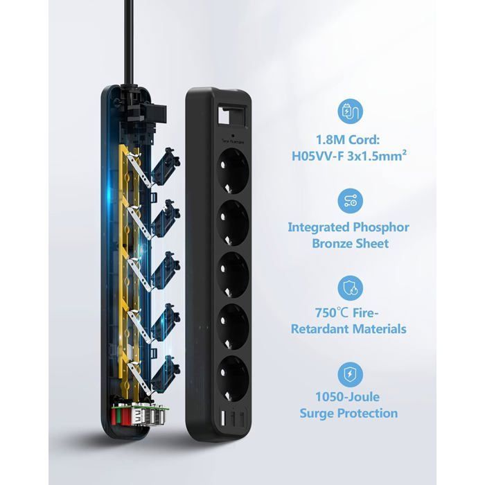 Regleta protectora contra sobretensiones con 5 tomas USB, 3 puertos USB y cargador de viaje (5V 2.4A/12W) - Regleta protectora contra sobretensiones