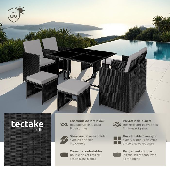 Mobili da giardino - TECTAKE - Set da pranzo per esterni BILABO per 8 persone, resistente e pieghevole, realizzato in resina intrecciata - Nero/Grigio