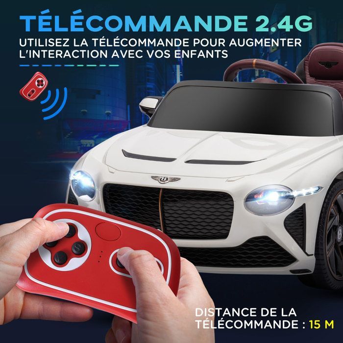 Electric ride-on car for children - HOMCOM - Bentley Bacalar - 2 x 12V 25W motors - 2.4G remote control - MP3 player - horn - 2 headlights - white