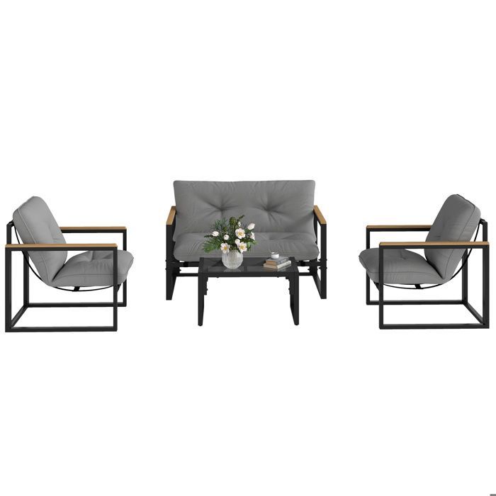 Gartenmöbelset für 4 Personen mit Sofa, 2 Sesseln und Couchtisch aus gehärtetem Glas, inklusive Kissen, grau