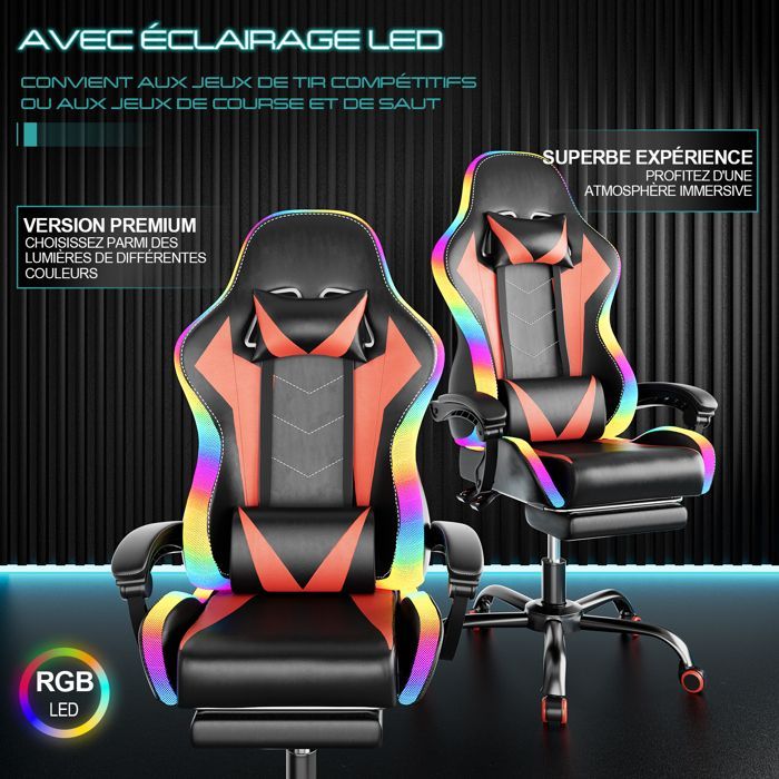 Silla gaming ergonómica con LED RGB, masaje lumbar y reposapiés – Silla gaming con reposacabezas ajustable – 180 kg, Roja