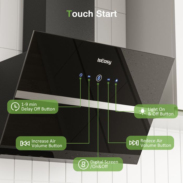ISEASY Afzuigkap - 60 cm - Schuine - Zwart - 524 m³/u - Energieklasse A++