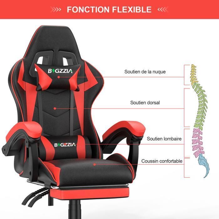 Sedia da ufficio gaming con poggiapiedi ergonomico, girevole a 90°, cuscino lombare e poggiatesta, regolabile in altezza.