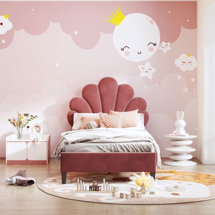Kinderbed 90x200 cm met lattenbodem, meisjesbed met bloemvormig hoofdeinde, houten bedframe, rode fluwelen bekleding