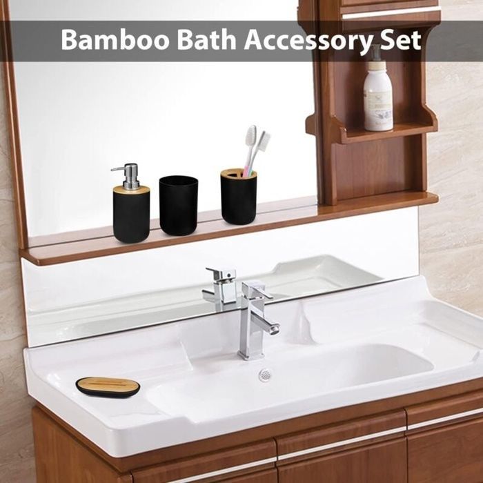 Set di accessori per il bagno: portaspazzolino in bambù, piano d'appoggio in legno autoportante, dispenser di sapone, scopino per WC (nero)