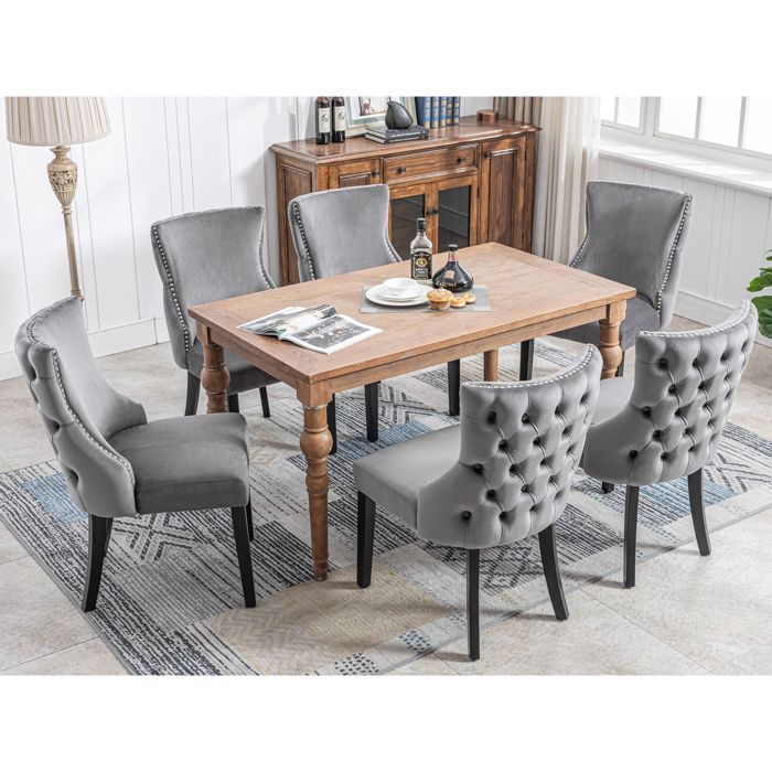 Lot de 6 Chaises de Salle à Manger - Pieds en bois massif-Chaise de Salon en Velours pour Bureau Cuisine Bar Réunion Hôtel ,Gris