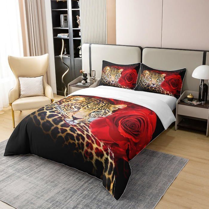 Juego de ropa de cama infantil, rosa y rojo, funda nórdica con estampado de guepardo y temática de vida salvaje, 140x200cm