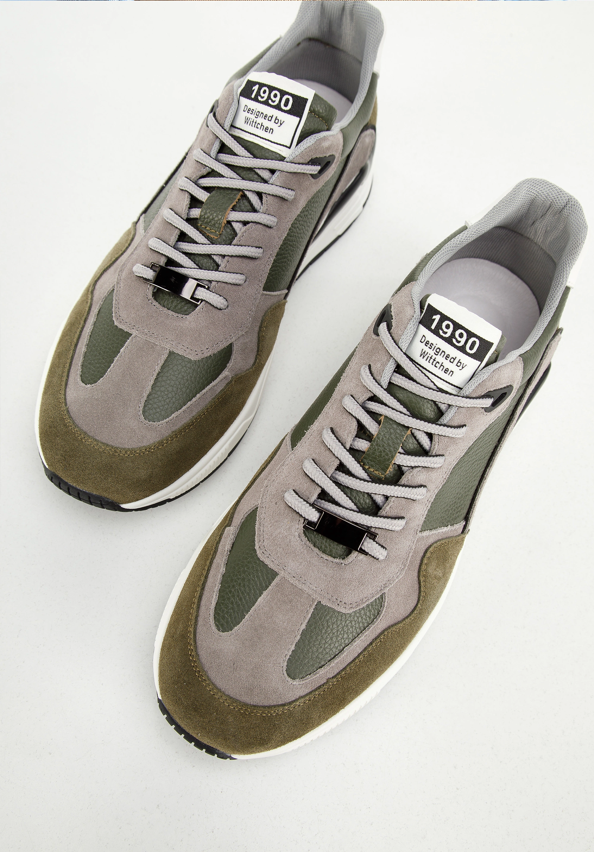 Męskie sneakersy skórzane z zamszowymi wstawkami zielono-szare