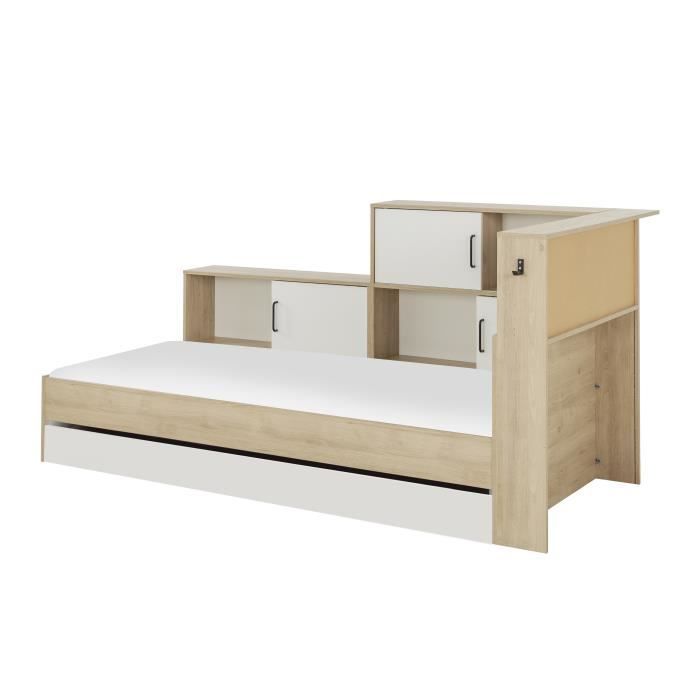 Cama infantil GAMI Erwan con almacenamiento - Decoración en blanco y castaño - 90 x 200 cm
