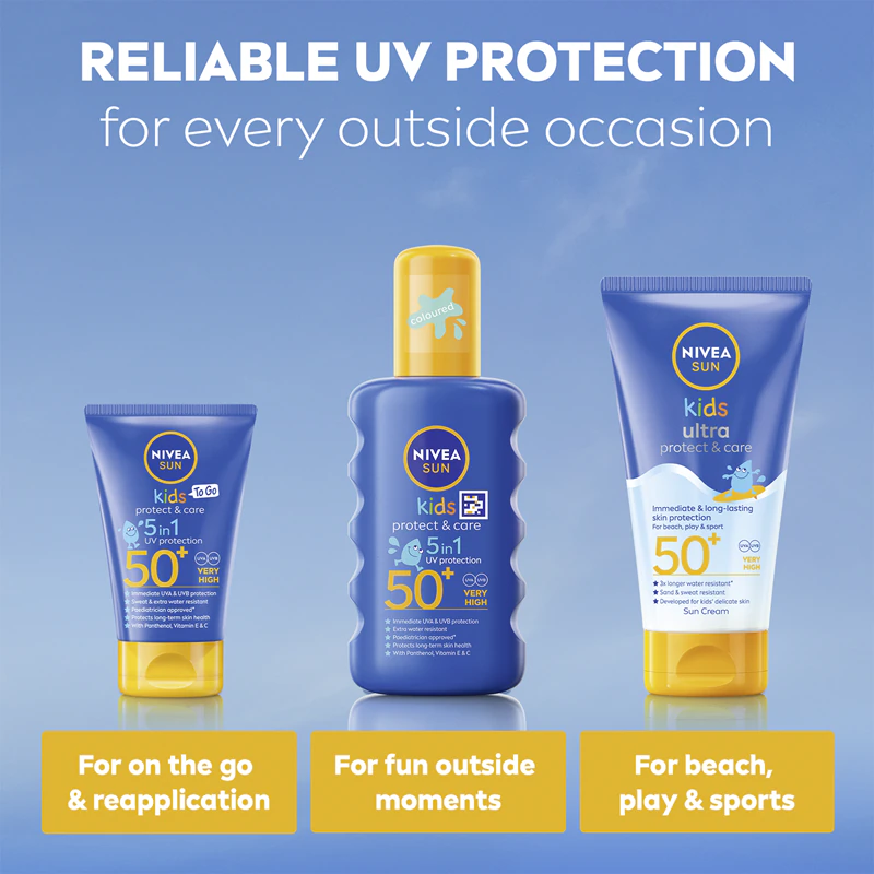 NIVEA SUN Kids farebný opaľovací sprej pre deti SPF 50+