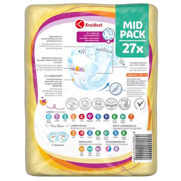 Kruidvat 4+ Maxi Plus autiņbiksītes vidējā iepakojumā<br>izmērs 4+ (9-15 kg), 27 gab.