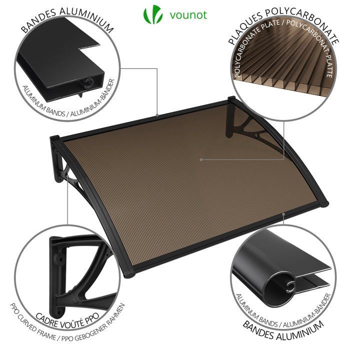 VOUNOT® Marquise auvent de porte d'entrée 120x80cm - Polycarbonate - Anti-UV - Marron