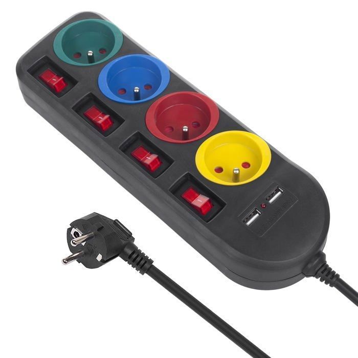 Regleta eléctrica Maclean MCE229 B con 4 tomas de corriente y 2 puertos USB, interruptores individuales y cable de 1,5 m en color negro.