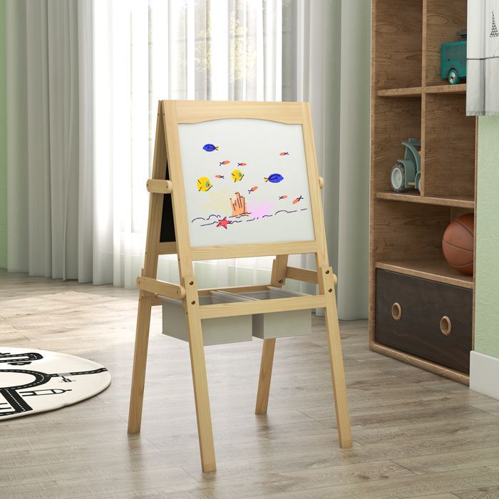 Pizarra de caballete - AIYAPLAY - pizarra blanca de doble cara para niños, rollo de papel, cestas - madera de pino - natural