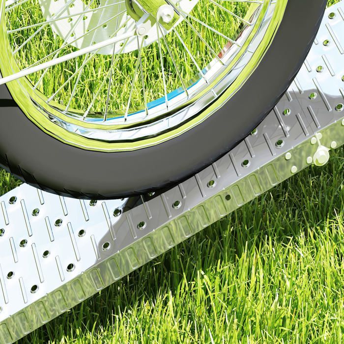 Rampa de carga plegable y antideslizante para motocicletas con correa de seguridad, de acero, color plata.