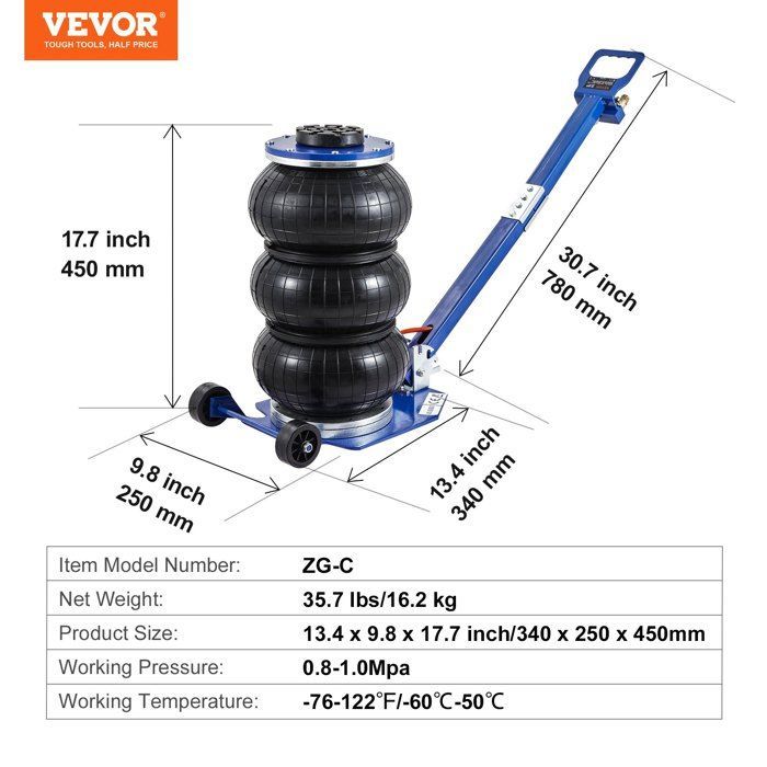 Gato neumático de 3 toneladas - VEVOR - Gato elevador de 3 almohadillas de 14-45 cm para reparación de automóviles - Azul