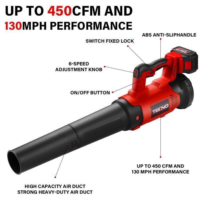 Bladblazer - TEENO - TEENO - 6 snelheden - 450 CFM/130 mph - 2 x 4Ah accu's + lader