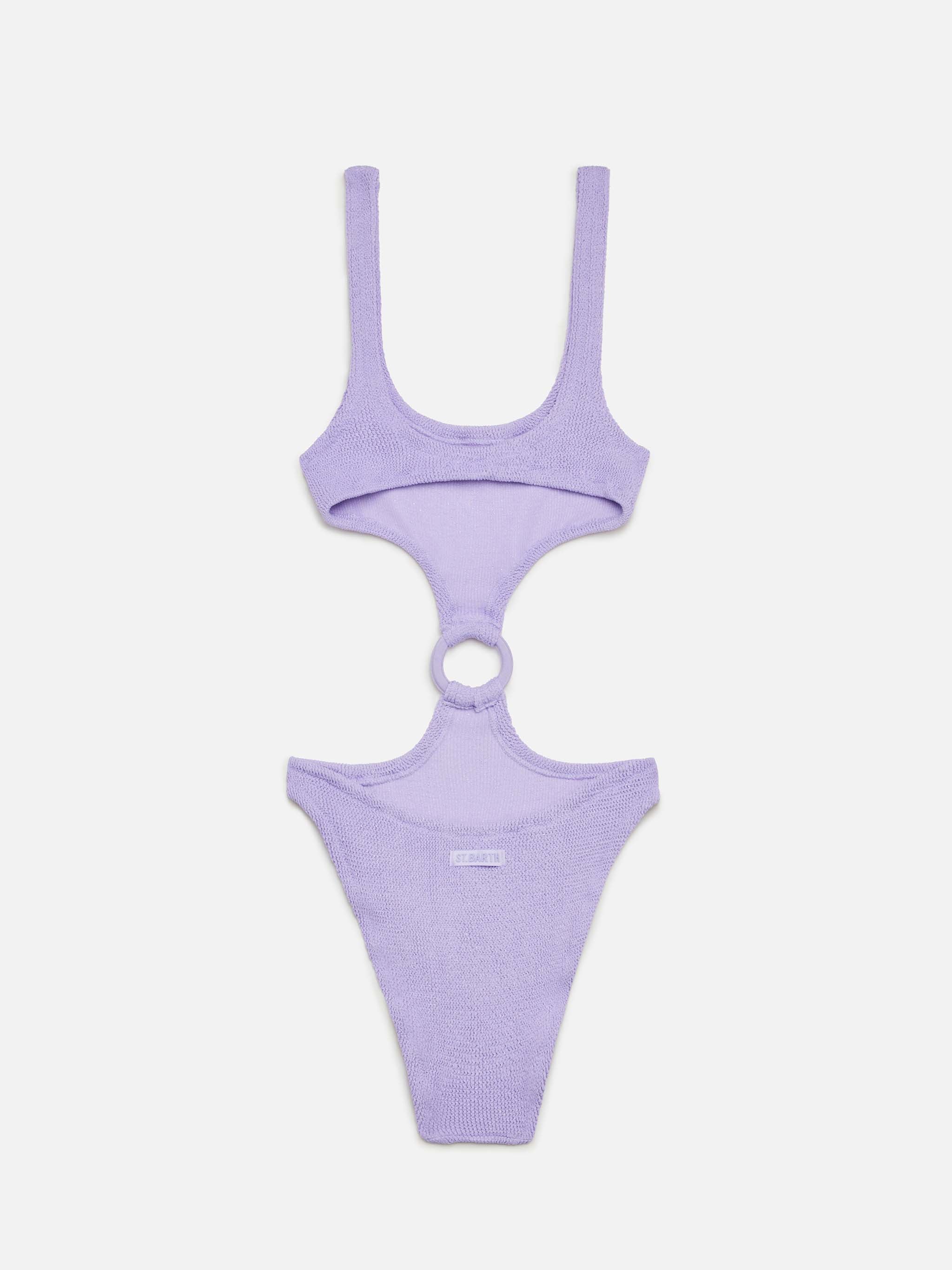 Laurel badpak met uitsnijdingen in lila gekreukelde lurex