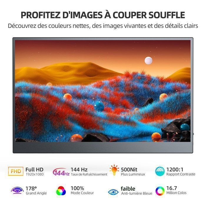 Monitor portátil UPERFECT de 16,1 polegadas, Full HD 1080p, 144Hz, taxa de contraste de 1200:1 | Brilho de 400 cd/m² | 100% sRGB | 13 ms
