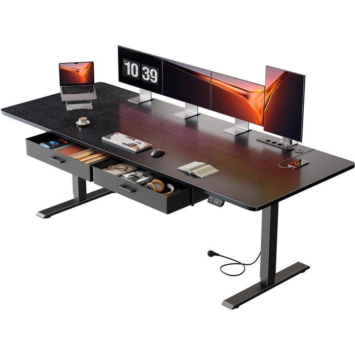 HLONONE Bureau Électrique Debout et Assis, 200 x 80 cm, avec Prise de Courant Intégrée, 2 Tiroirs Amovibles, Port USB-C, Noir