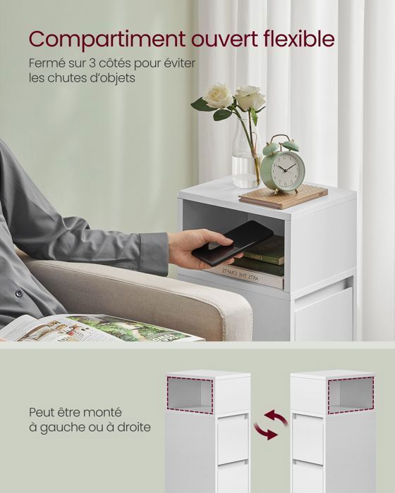 VASAGLE Table de Chevet Étroite, Lot de 2, Table d’Appoint, 2 Tiroirs et Compartiment Ouvert, Montage à Gauche ou à Droite, Blanc