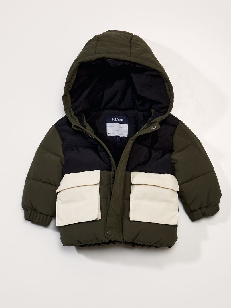 Lange donsjas met capuchon in kleurblokken - KHAKI
