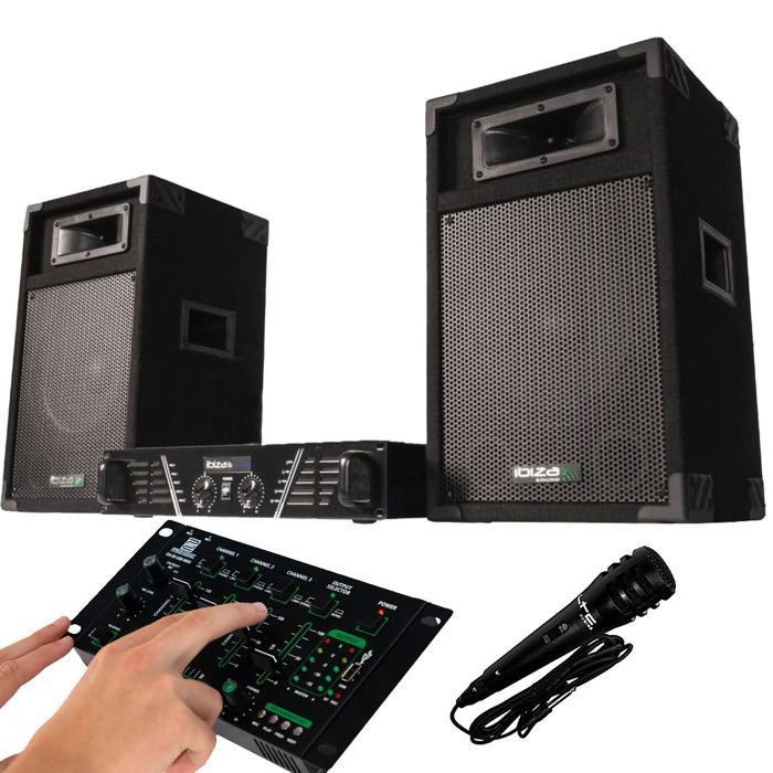 Sistema de som completo Ibiza DJ300 480W + mixer Bluetooth + 2 caixas de som + microfone + pen drive de 32 GB
