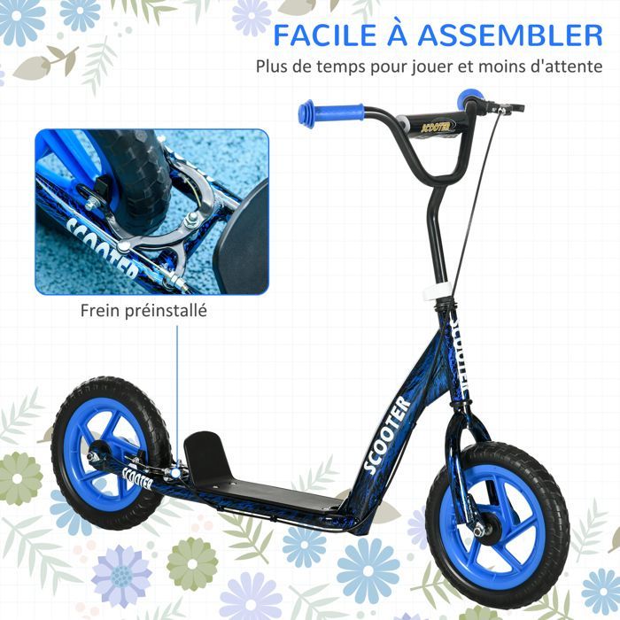 Patinete infantil - AIYAPLAY - Patinete para niños de 6 a 12 años, ruedas grandes de Ø 30 cm, caballete y freno - Acero - Azul