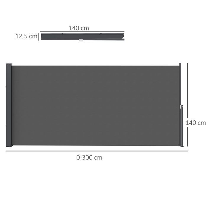 Toldo lateral Outsunny retráctil de 3 x 1,4 m con estructura de aluminio y tejido de poliéster de alta densidad (180 g/m²) resistente a los rayos UV, color gris oscuro.