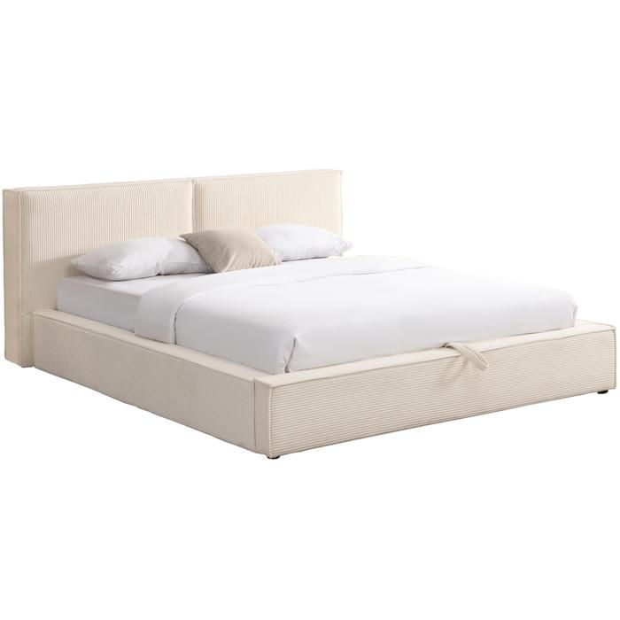 Arno 140x190 cm Bett für Erwachsene mit Stauraum, Lattenrost und beigefarbenem, mit Cord bezogenem Kopfteil