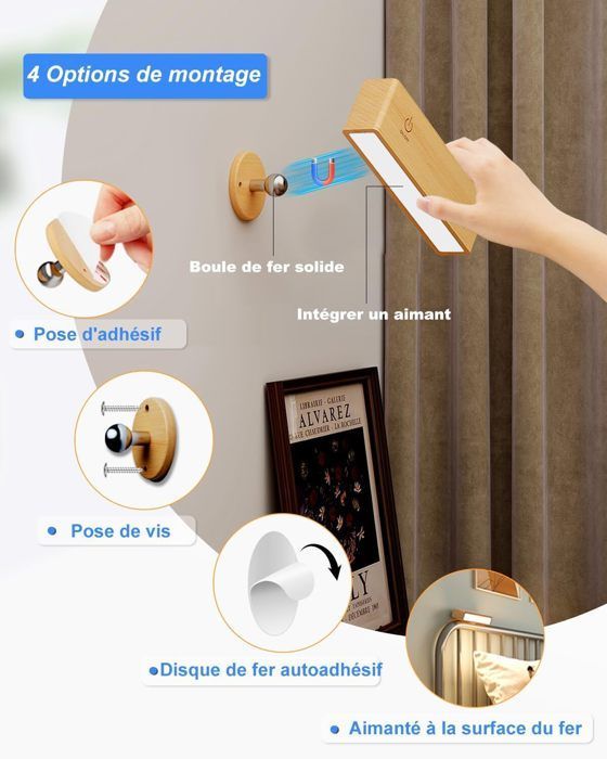 Set di 2 lampade da comodino - Applique senza fili - Ricaricabili, a LED, in legno - Applique senza fili, Applique a LED senza fili
