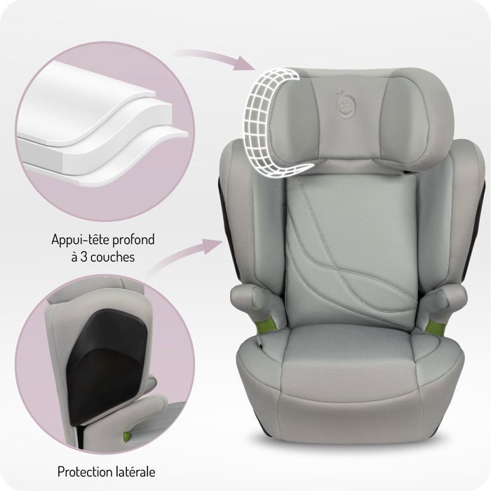 MoMi MEI - Siège auto I-SIZE 100-150 cm - Groupe 2/3 - ISOFIX - Dossier réglable 9 positions - Jusqu’à 36 kg - Gris