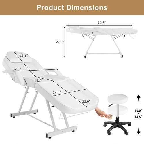 Camilla de masaje de cuero blanco con taburete - Capacidad de carga de 150 kg - Ideal para salones de belleza y spas