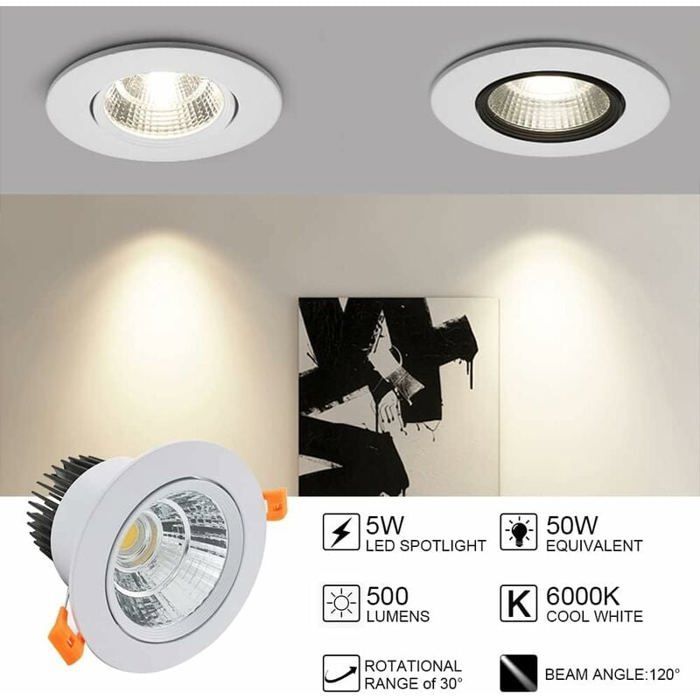 Spot LED Encastrable, Lot de 6, 5W COB Plafonnier Encastré, Blanc Froid 6000K, 500LM, IP44, Pour Salle de Bain, Cuisine, Salon