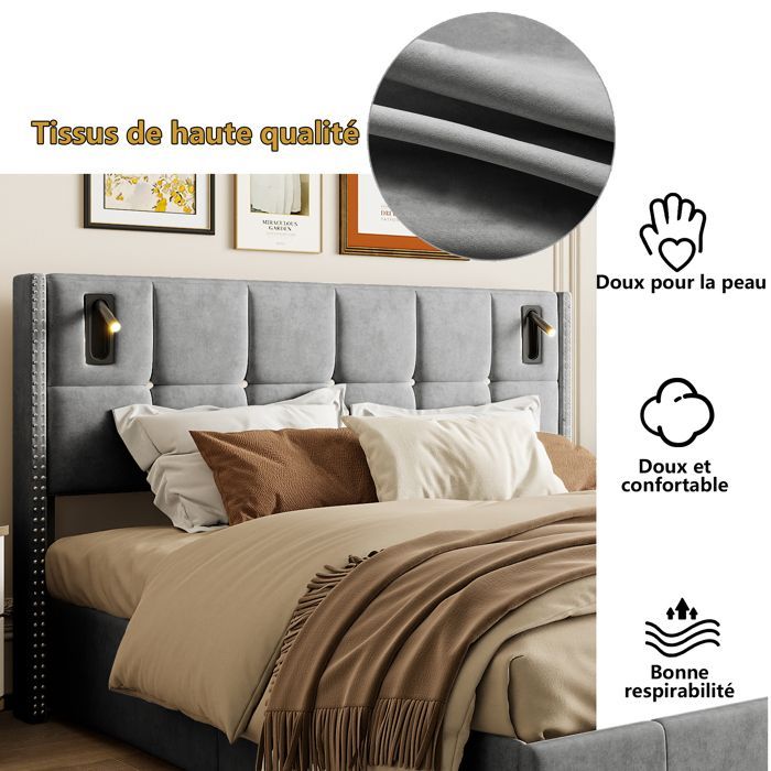 Cama con almacenamiento de 160 x 200 cm, cama de 160 x 200 cm con somier de láminas, cama doble, estructura de cama, con lámpara de lectura de mesilla, gris, terciopelo